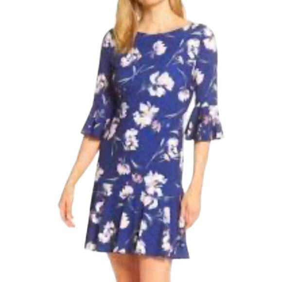 ELIZA J DRESS 6 FLORAL TIERED RUFFLE BLUE PINK BELL SLEEVE BACK LOW V - Picture 1 of 7